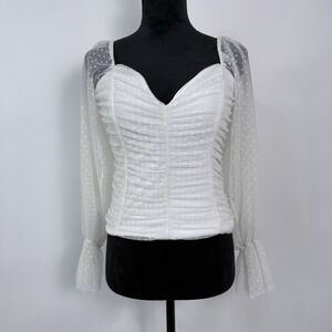 Ivory Coquette Romantic Top Size M Sheer Mesh Puff Sleeves Ruched Swiss Dot